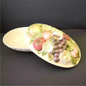 *Final Price* Ceramic Lattice Dish Flowers Fruit Hand Painted Glazed 1970s